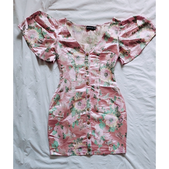 PLT Pink Jacquard Puff Sleeve Button Down Bodycon Dress - Picture 2 of 7